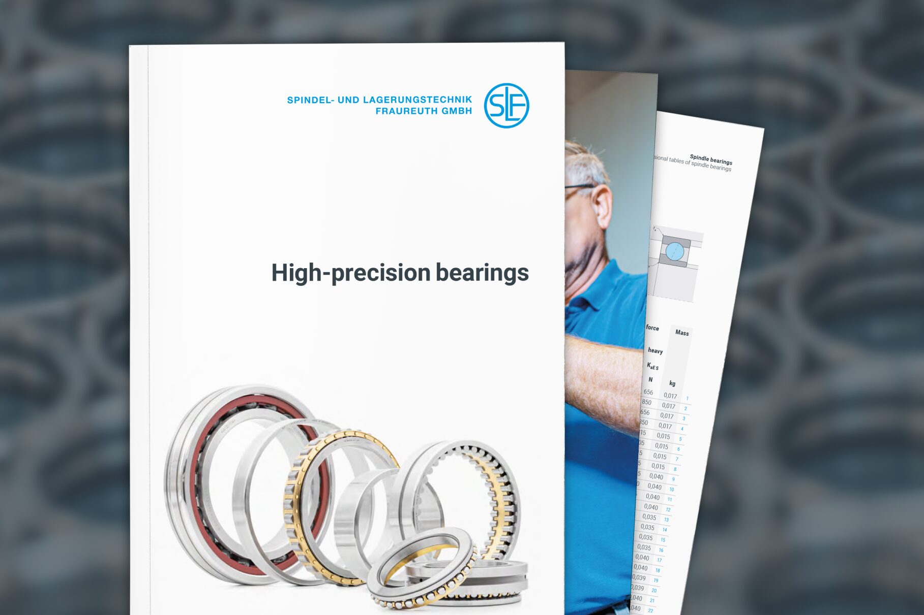 The new high-precision bearings product catalogue from SLF Fraureuth is illustrated against a background of various bearings.